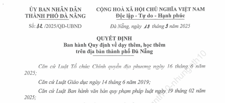 Đã có Quyết định 32/2025/QĐ-UBND quy định về dạy thêm học thêm tại thành phố Đà Nẵng