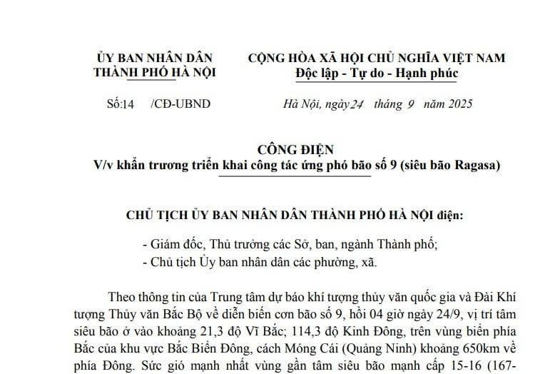 Công điện 14/CĐ-UBND: Khẩn trương triển khai công tác ứng phó bão số 9 (siêu bão Ragasa)