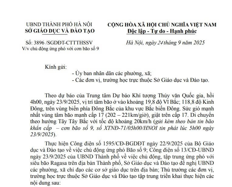 Công văn 3896: Sở GD&ĐT Hà Nội chỉ đạo chủ động ứng phó với cơn bão số 9 (bão Ragasa)