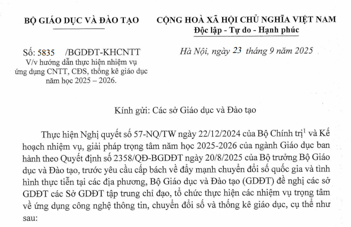 Công văn hướng dẫn thực hiện nhiệm vụ ứng dụng CNTT, CĐS, thống kê giáo dục năm 2025-2026
