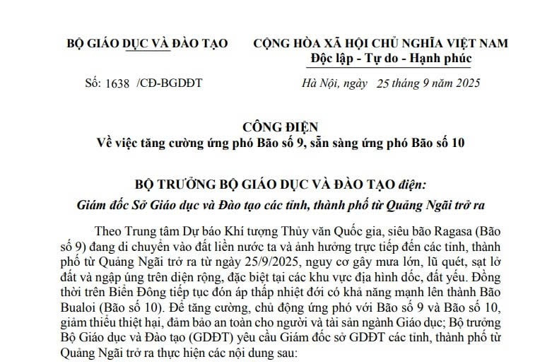 Công điện Bộ GD&ĐT về tăng cường ứng phó Bão số 9 và sẵn sàng ứng phó Bão số 10