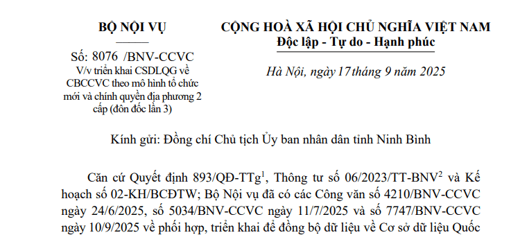 Bộ Nội vụ có Công văn (đôn đốc lần 3) triển khai CSDLQG về CBCCVC theo mô hình chính quyền địa phương 2 cấp