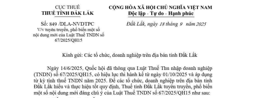 Công văn 849/DLA-NVDTPC các điểm mới của Luật Thuế thu nhập doanh nghiệp (Luật số 67/2025/QH15)