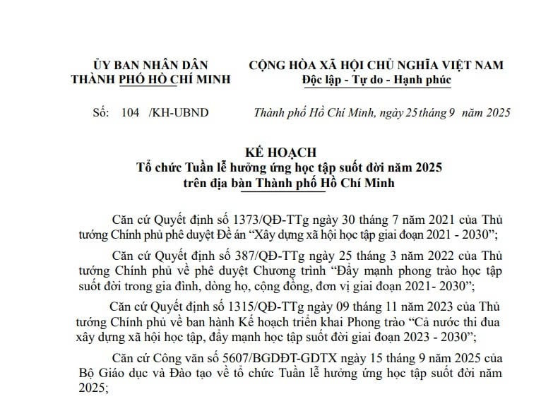Kế hoạch 104: Tổ chức Tuần lễ hưởng ứng học tập suốt đời năm 2025 tại TPHCM