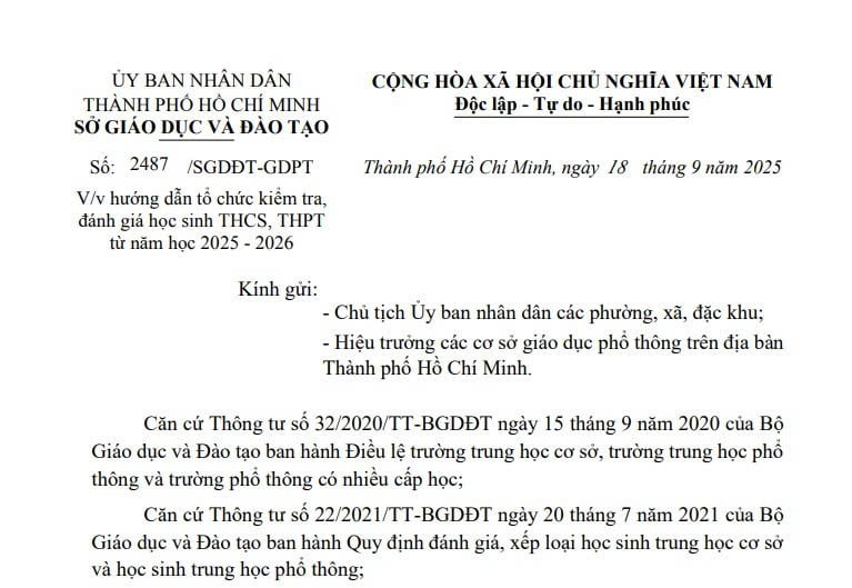 Công văn 2487: Hướng dẫn kiểm tra đánh giá học sinh THCS THPT từ năm học 2025 - 2026 tại TPHCM