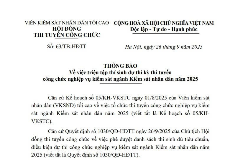 Danh sách thí sinh dự thi tuyển công chức nghiệp vụ kiểm sát ngành Kiểm sát nhân dân năm 2025 