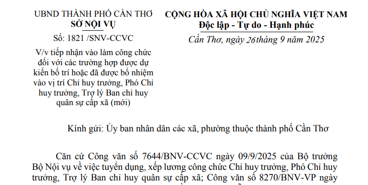 Công văn 1821: Hướng dẫn mới về tiếp nhận vào công chức đối với Chỉ huy trưởng cấp xã mới tại Cần Thơ