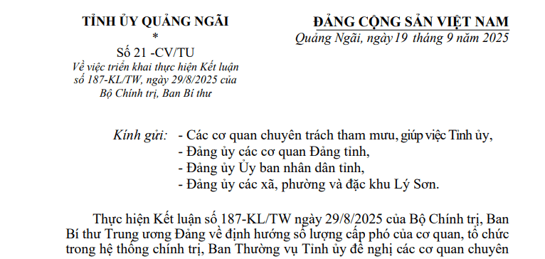 Công văn 21-CV/TU hướng dẫn Kết luận 187 về số lượng cấp phó trong hệ thống chính trị tại Quảng Ngãi