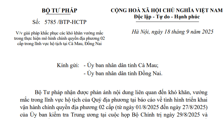 Công văn 5785/BTP-HCTP:Hướng dẫn mới về chính quyền địa phương 02 cấp trong lĩnh vực hộ tịch