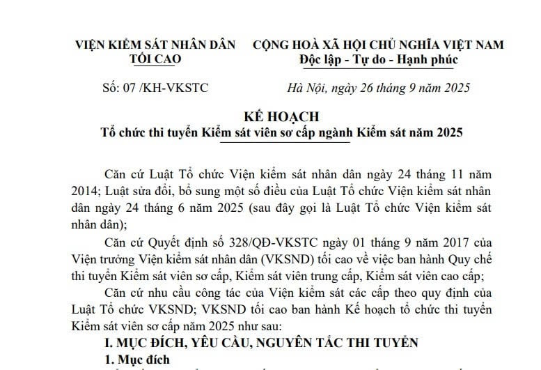 Kế hoạch 07 thi tuyển Kiểm sát viên sơ cấp ngành Kiểm sát năm 2025 