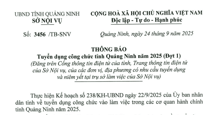 Thông báo 3456/TB-SNV: Thông báo chính thức về tuyển dụng công chức năm 2025 (Đợt 1) tỉnh Quảng Ninh