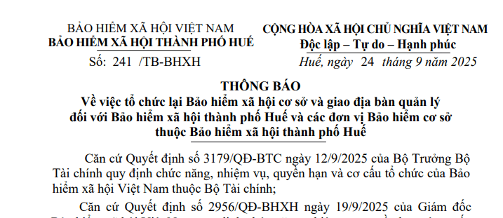 Thông báo 241: Chính thức tổ chức lại BHXH cơ sở và giao địa bàn quản lý đối với BHXH thành phố Huế