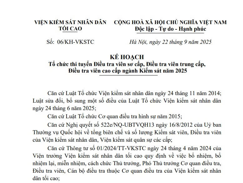 Kế hoạch 06 thi tuyển Điều tra viên sơ cấp, trung cấp và cao cấp ngành Kiểm sát năm 2025