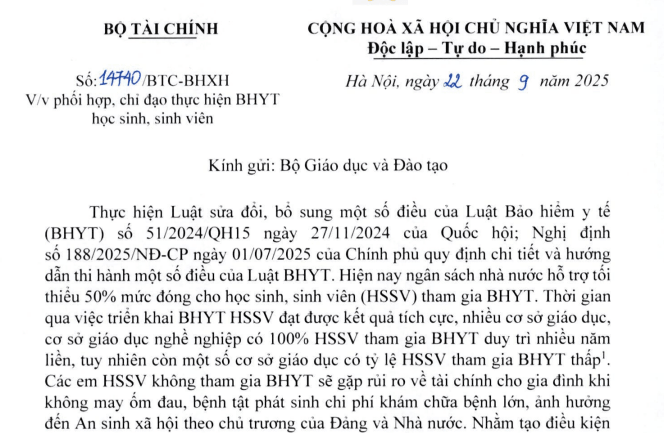 Công văn 14740/BTC-BHXH về phối hợp chỉ đạo thực hiện BHYT học sinh sinh viên