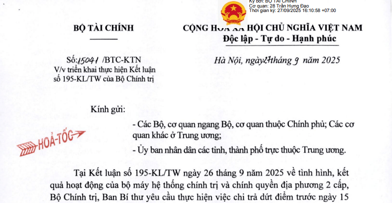 Đã có Công văn 15041/BTC-KTN (hỏa tốc) chi trả chế độ Nghị định 178, 67 cho CBCCVC theo Kết luận 195