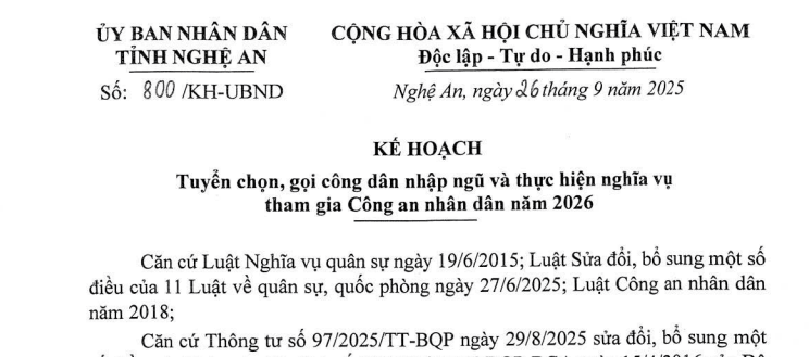 Kế hoạch 800/KH-UBND: Hướng dẫn tuyển chọn gọi công dân nhập ngũ năm 2026 tại Nghệ An
