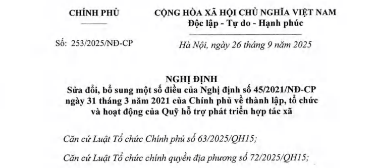 Đã có Nghị định 253/2025/NĐ-CP sửa đổi Nghị định 45/2021 về Quỹ hỗ trợ phát triển hợp tác xã
