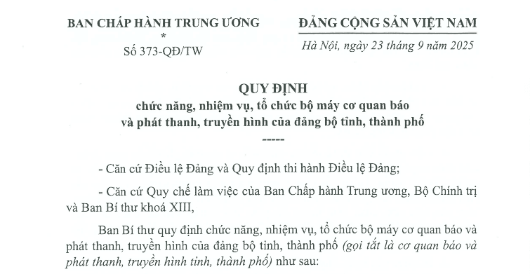 Đã có Quy định 373-QĐ/TW về tổ chức bộ máy cơ quan báo và phát thanh của đảng bộ tỉnh, thành phố