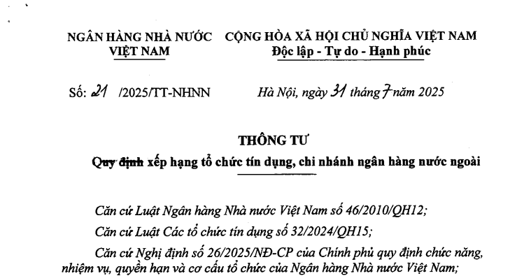 Đã có Thông tư 21/2025/TT-NHNN về xếp hạng tổ chức tín dụng và chi nhánh ngân hàng nước ngoài