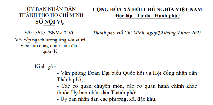 Toàn văn Công văn 5655/SNV-CCVC về xếp ngạch tương ứng với công chức lãnh đạo quản lý tại TPHCM