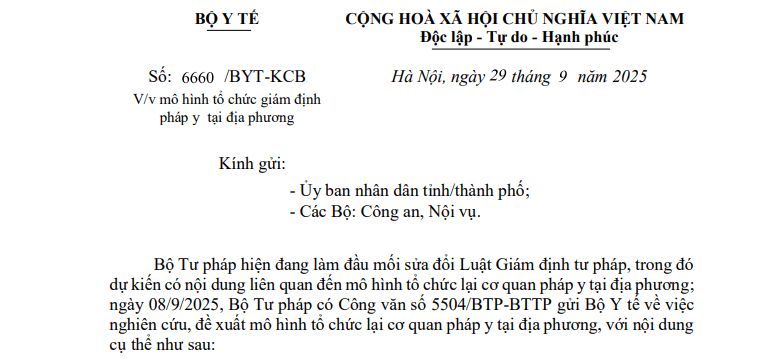 Công văn 6660/BYT-KCB: Bộ Y tế có chỉ đạo mới về mô hình tổ chức giám định pháp y tại địa phương