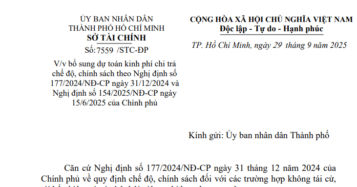 Toàn văn Công văn 7559/STC-ĐP bổ sung kinh phí chi trả chế độ chính sách theo NĐ 177 và NĐ 154 tại TPHCM