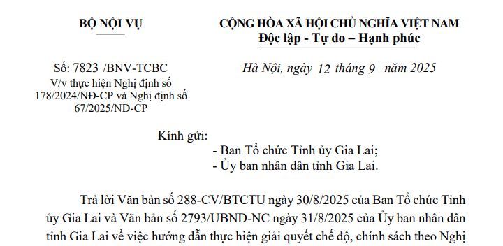 Đã có Công văn 7823/BNV-TCBC giải quyết chế độ chính sách cho cán bộ công chức theo Nghị định 178, 67