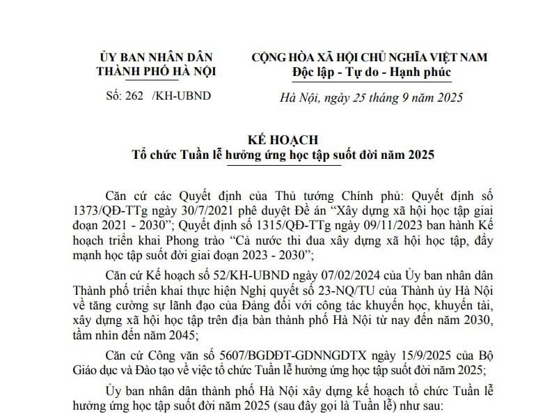 Kế hoạch tổ chức Tuần lễ hưởng ứng học tập suốt đời năm 2025 tại Hà Nội (Kế hoạch 262/KH-UBND) 