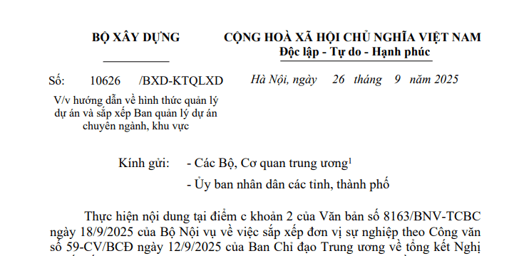 Toàn văn Công văn 10626/BXD-KTQLXD về hình thức quản lý dự án và sắp xếp Ban quản lý dự án khu vực