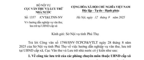 Công văn 1357/CVT&LTNN-NV: Hướng dẫn nghiệp vụ văn thư lưu trữ tại UBND cấp xã