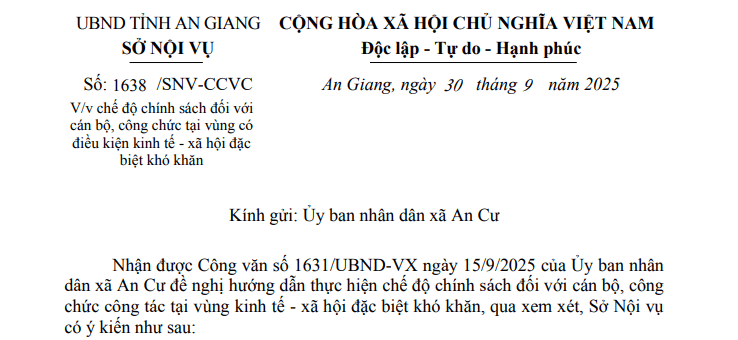 Công văn 1638/SNV-CCVC: Chế độ chính sách cho CBCC tại vùng kinh tế - xã hội đặc biệt khó khăn tại An Giang