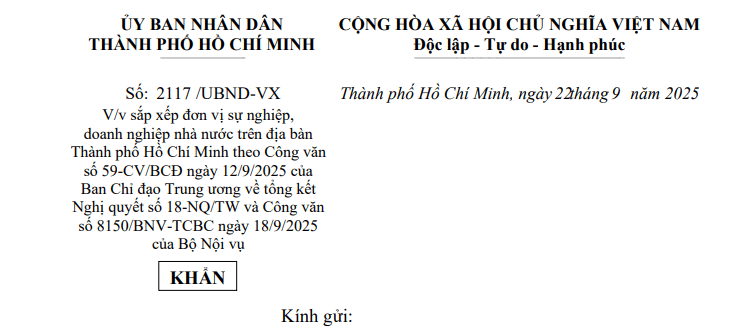 Toàn văn Công văn 2117/UBND-VX sắp xếp đơn vị sự nghiệp doanh nghiệp nhà nước theo Công văn 59 tại TPHCM