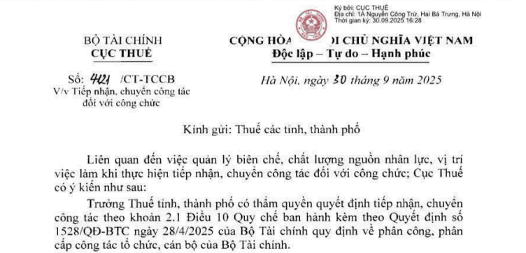 Đã có toàn văn Công văn 4121/CT/TCCB về tiếp nhận chuyển công tác đối với công chức ngành thuế