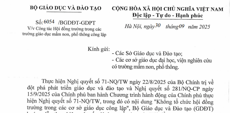 Toàn văn Công văn 6054/BGDĐT-GDPT về công tác Hội đồng trường tại trường mầm non, phổ thông công lập