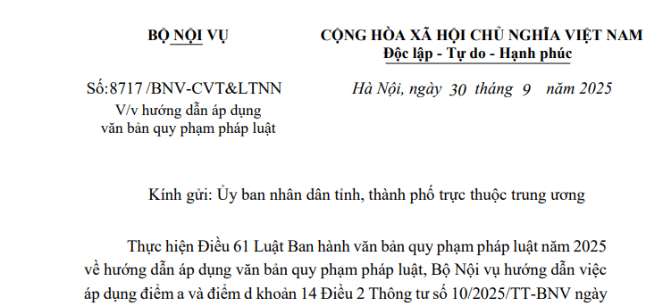 Bộ Nội vụ đã có Công văn hướng dẫn áp dụng văn bản quy phạm pháp luật về văn thư lưu trữ nhà nước