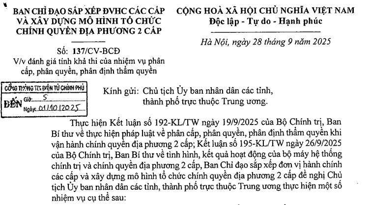 Đã có Công văn 137/CV-BCĐ đánh giá tính khả thi của nhiệm vụ phân cấp phân quyền