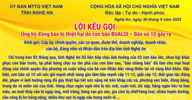 Lời kêu gọi ủng hộ đồng bào bị thiệt hại do bão Bualoi của Ủy ban MTTQ Việt Nam tỉnh Nghệ An