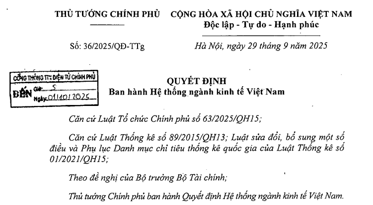 Đã có Quyết định 36/2025/QĐ-TTg về Hệ thống ngành kinh tế Việt Nam