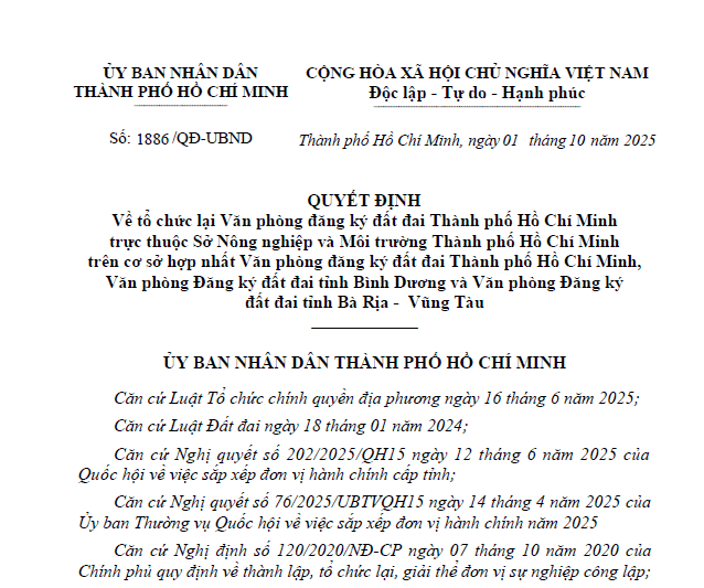 Quyết định 1886/QĐ-UBND 2025 tổ chức lại Văn phòng đăng ký đất đai TPHCM