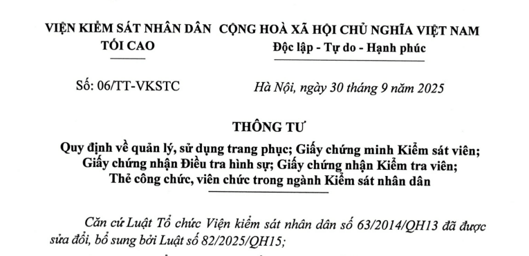 Đã có Thông tư 06/TT-VKSTC quản lý sử dụng trang phục, thẻ công chức viên chức trong ngành Kiểm sát nhân dân