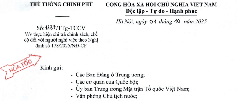 Đã có Công văn 1237/TTg-TCCV hướng dẫn Kết luận 195 chi trả chế độ Nghị định 178 cho CBCC trước 15/10/2025