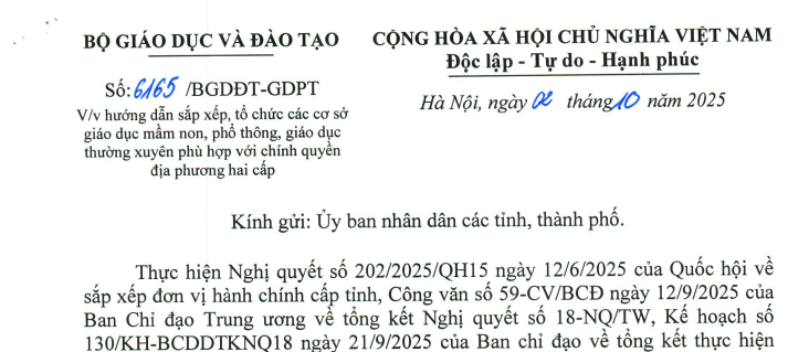 Đã có Công văn 6165/BGDĐT-GDPТ hướng dẫn sắp xếp trường mầm non, GDPT, GDTX theo chính quyền 02 cấp
