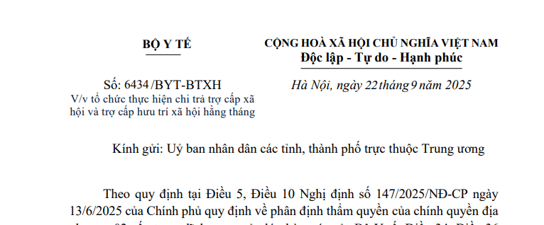 Toàn văn Công văn 6434/BYT-BTXH hướng dẫn chi trả trợ cấp xã hội và trợ cấp hưu trí xã hội hằng tháng