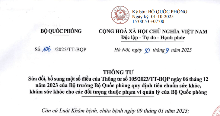 Đã có Thông tư 106/2025/TT-BQP sửa đổi Thông tư 105 về tiêu chuẩn sức khỏe, khám sức khỏe nghĩa vụ quân sự