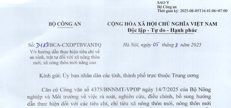 Công văn 3489: Bộ Công an có hướng dẫn mới về tiêu chí an ninh trật tự đối với xã  NTM/NTM nâng cao
