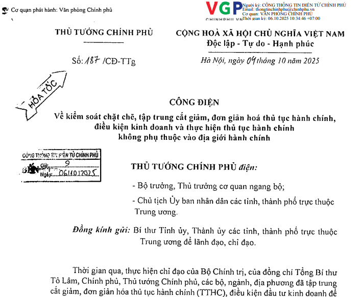 Công điện 187/CĐ-TTg cắt giảm và thực hiện thủ tục hành chính không phụ thuộc vào địa giới hành chính