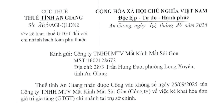Toàn văn Công văn 763/AGI-QLDN2 kê khai thuế giá trị gia tăng đối với chi nhánh hạch toán phụ thuộc
