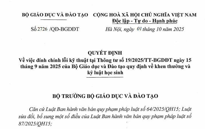 Đính chính Thông tư 19/2025/TT-BGDĐT về khen thưởng và kỷ luật học sinh