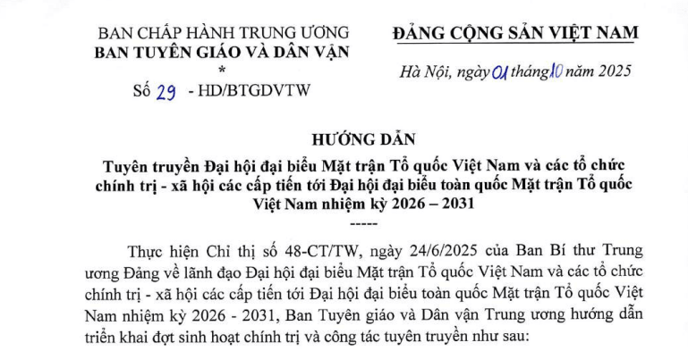 Đã có Hướng dẫn 29-HD/BTGDVTW tuyên truyền Đại hội đại biểu MTTQ Việt Nam và tổ chức chính trị xã hội