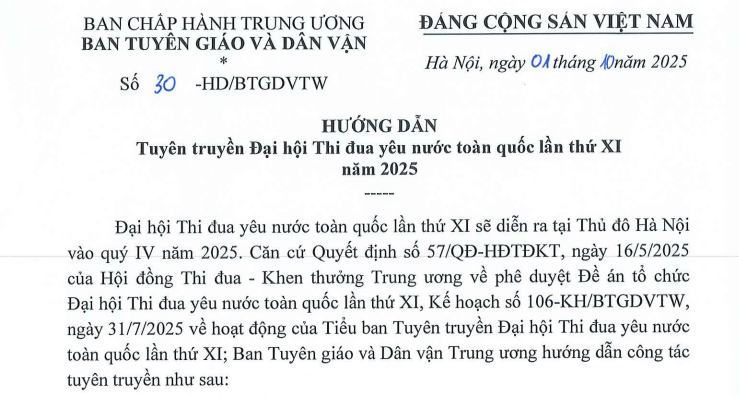 Đã có Hướng dẫn 30-HD/BTGDVTW tuyên truyền Đại hội Thi đua yêu nước toàn quốc lần thứ XI năm 2025